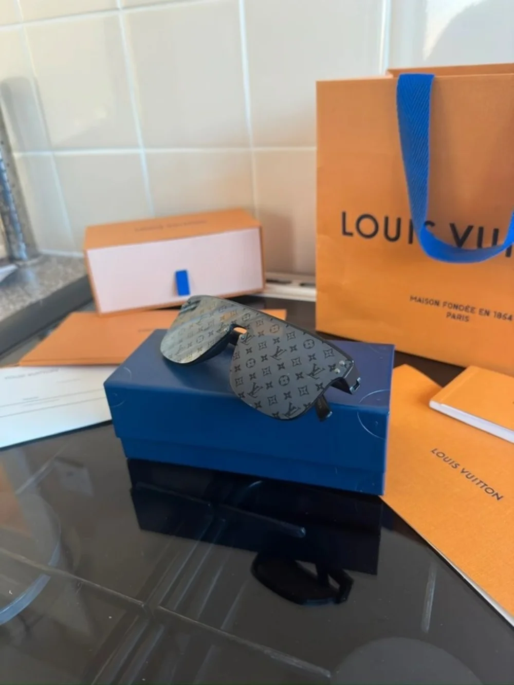 Louis Vuitton Black Monogram Shield Sunglasses with Navy Case